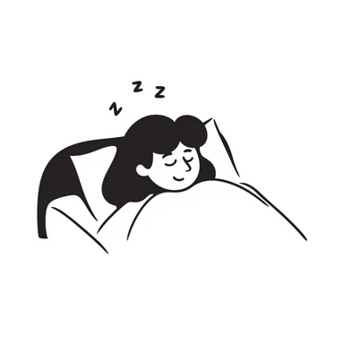 A person sleeping peacefully in bed with a soft smile, gentle z's floating above their head. Cozy, calm feeling with soft colors. Hand-drawn doodle style. sticker