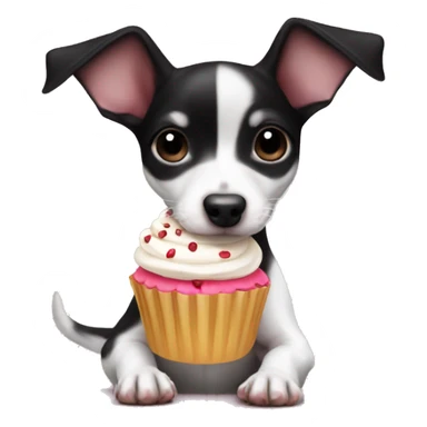 Black and white rat terrier puppy (no brown) eating a cupcake sticker
