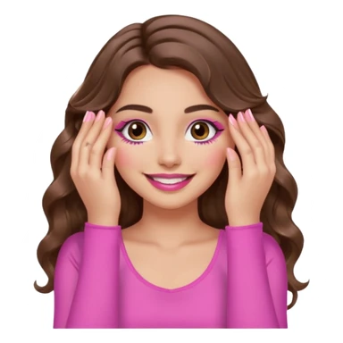 girl with long wavy brown hair, brown eyes, long lashes, sexy pink lips, light to medium complexion, wearing a pink sexy top, smiling, hands covering over the eyes sticker