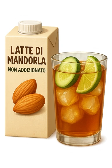 emoji stile iphone di un pacco di latte di mandorla non addizionato accanto ad un bicchiere di vetro di tè freddo con fettine di cetriolo e lime
IPERREALISTICO 4K sticker