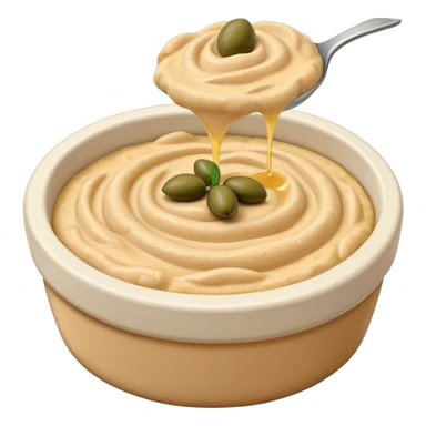 Cinematic Realistic Hummus Dish Emoji, depicted as a creamy chickpea dip drizzled with olive oil rendered with rich textures and warm, inviting lighting. sticker