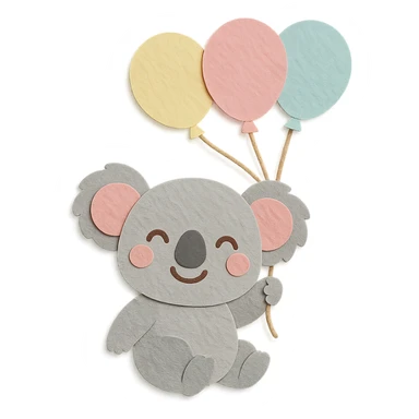 koala floating with pastel balloons, happy face, paper-craft style sticker