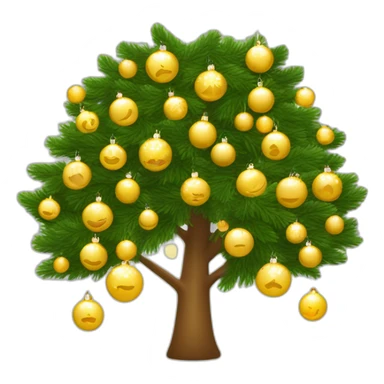 árbol de navidad con esferas color dorado y luces blancas con "feliz Navidad" sticker