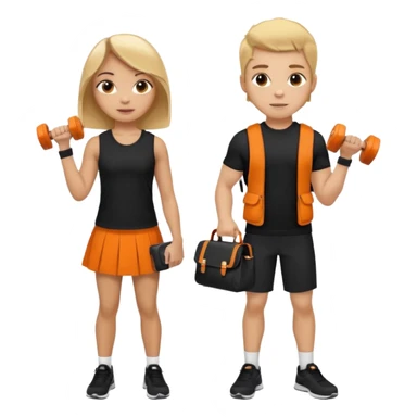 light skin students girl and boy with school bag full of books on hand and dumbell in other hand. Clothes are in black and orange colours. They are going to the gym. They have brown and blonde hair. Dumbell is visible in hand. They are teaching about sport sticker