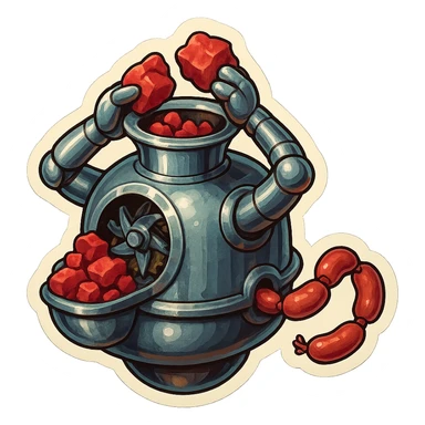hovering robot. stuffs material into large hole on its top with arms. hole is where neck and head would be. spinning gears and blades  grind red chunks. sausage links come our of hole on backside.  3/4 view. between realism and cartoon. well lit. no dramatic lighting. metallic robot. works diligently. dark humor sticker