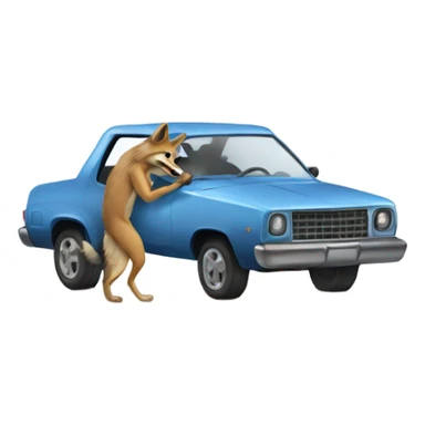 A coyote playing with a car sticker