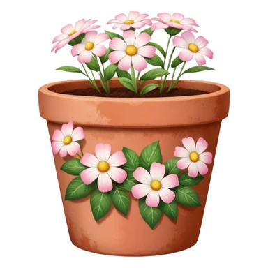 plant pot in terra cota with white and pink flowers print painted on the pot sticker