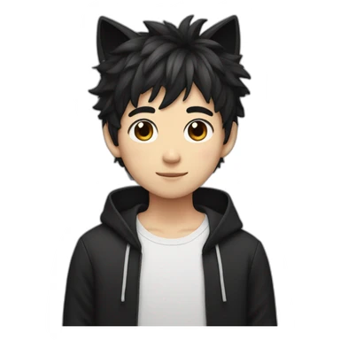 Japanese boy, with black cat ears and cute fluffy hair in black sticker