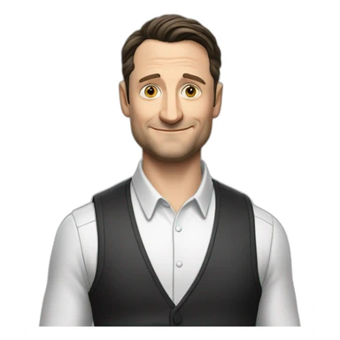 tim robinson dark black slicked back hair white long sleeve waffle shirt with a light grey vest sticker