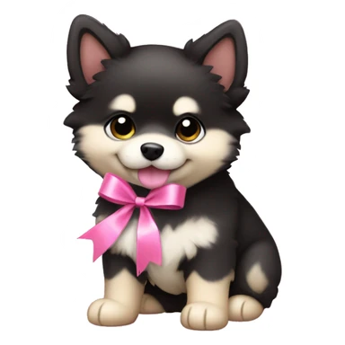 One black and beige pomsky puppy with a pink ribbon in his heac sticker
