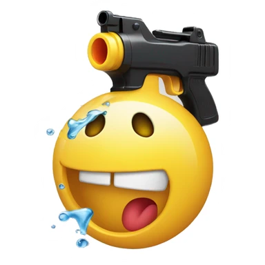 Smiling emoji with a black plastic water pistol pointed into its mouth sticker