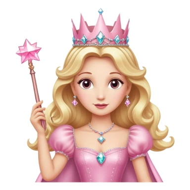 Glinda the Good Witch with blonde hair, sparkly crown, pink puffy dress, and magic wand sticker