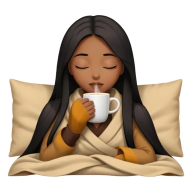 Chocolate brown girl with long straight jet black hair wrapped inside a tan blanket sipping coffee eyes closed sticker