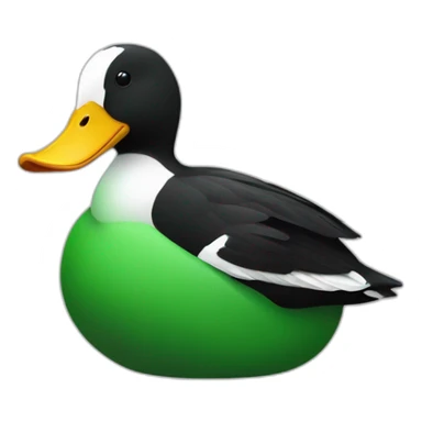 A green duck sitting on top of a black and white badger sticker