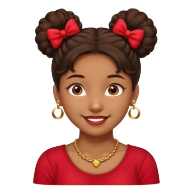 Brownskin girl dark brown hair fluffy.Two buns with red bows brown eyes smiling closed mouth red shirt gold esrrings gold necklace sticker