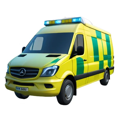 NHS Mercedez sprinter ambulance, yellow body, with green and yellow checkerboard strip along the bottom. NHS logo on the side. Blue flashing light strip on top. Black small window on side. sticker