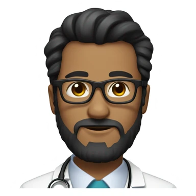 male doctor with full short beard, has black hair in a short ponytail and wears black glasses sticker