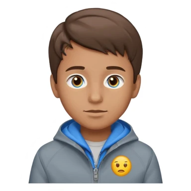 Fais-moi un garçon avec la peau bronzée les yeux bleus qui portent une veste grise avec les cheveux marrons version emoji sticker