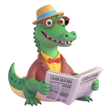 a grandpa alligator, reading a newspaper, with a mustache and spectacles sticker