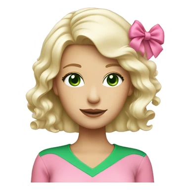 platinum blonde with green eyes wearing a pink bow with green shirt sticker