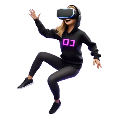 Russian girl wearing black hoody with violet letters "OMG", in vr headset oculus quest2. jumping. Cyberpunk style. Violet neon. sticker
