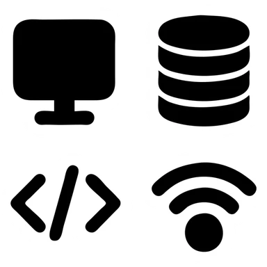 solid black filled icons for information technology, bold and simple, icons for computer, database, code, and wifi, high contrast, easy to recognize sticker