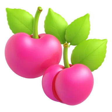 3D iOS-style illustration of two bright pink cherries with green leaves and pink flowers, extra glossy and reflective, with a soft shadow, no background. sticker