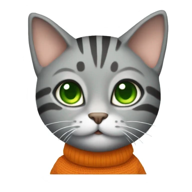 A striped grey cat with green eyes with orange sweater in full growth sticker