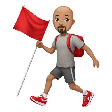 Bald black man with a white goatee in sneakers carrying a red flag sticker