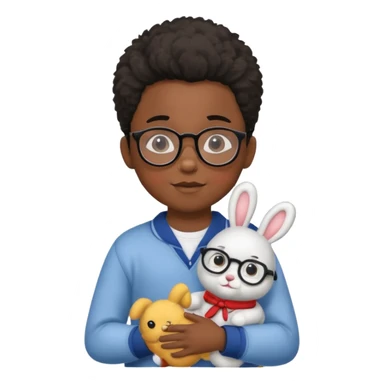 black boy kid with glasses → holding a toy rabbit sticker