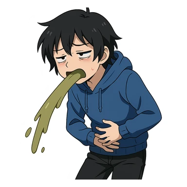 anime character with black hair, blue hoodie, black pants, sick and throwing up expression sticker