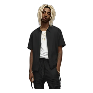 playboi carti blonde dreads with plain black shirt on with black pants and rick owens shoes on and also black durag sticker
