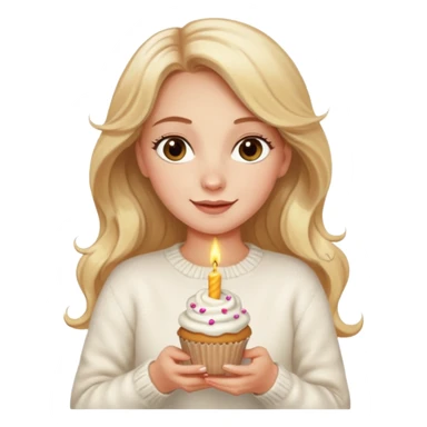 A pretty white girl with hazel brown eyes and long  down and blonde wavy hair in a cosy white knit sweater, she is celebrating her birthday and is happy sticker