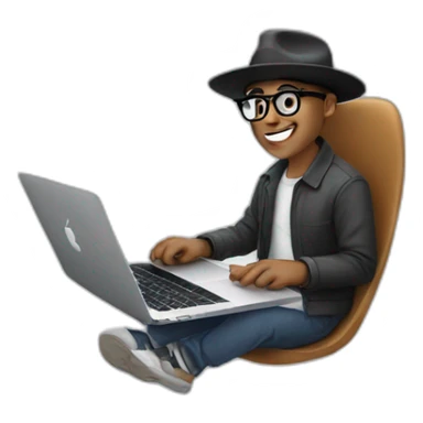 A guy with glasses and a hat is using a MacBook sticker