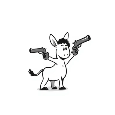 donkey shooting a gun, hand drawn doodle style sticker