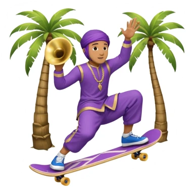 Islamic male, with a violet kufi, doing a kick-flip on a skateboard, playing a blue French horn, underneath a coconut tree sticker
