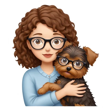 Girl with brown curly hair and glasses hugging a yorkshire terrier dog sticker