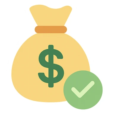 money bag with a large green check mark overlay, simple and bold sticker