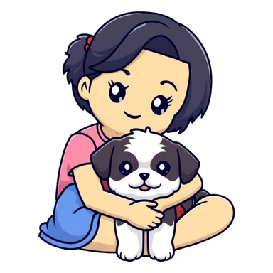 A girl with black hair hugging a Shih Tzu dog sticker