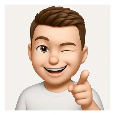 Based on these photos, make an emoji with facial features preserved, a man in a white T-shirt, winking, pointing forward sticker