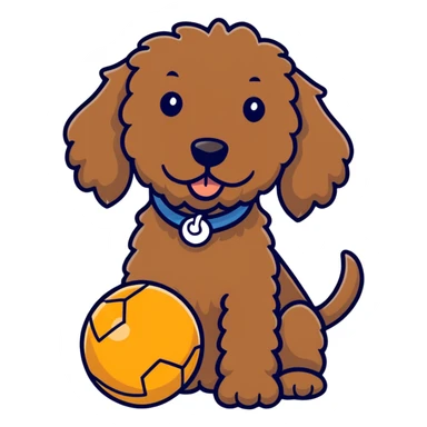 Brown labradoodle with a ball sticker