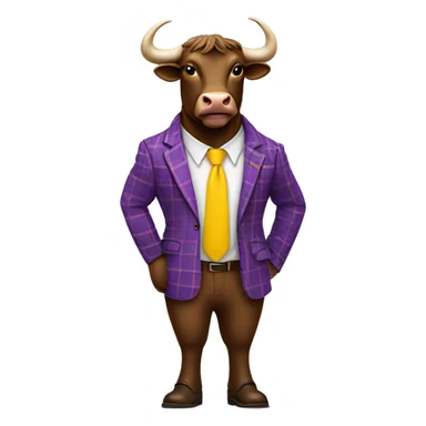 Brown bull with horns standing up wearing purple plaid suit with yellow tie wearing brown shoes sticker