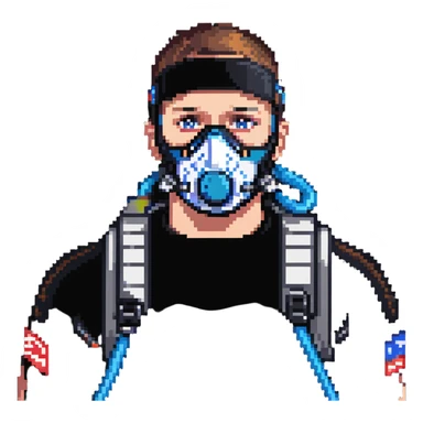 Pixelated athlete with VO2 max face mask and breathing apparatus, fitness lab testing sticker
