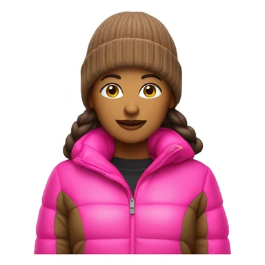 Brown woman brown puffer jacket neon pink nitted beanie  sticker