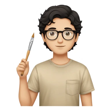 Young caucasian man with black wavy hair, round glasses, beige painting shirt, holding a square paintbrush sticker