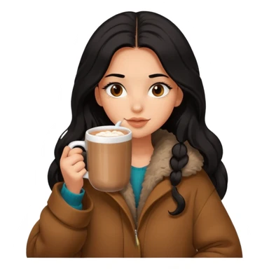 anned Girl with lashes , bright black long hair, in an extremely big fluffy brown oversized jacket, and drinking hot chocolate drink sticker