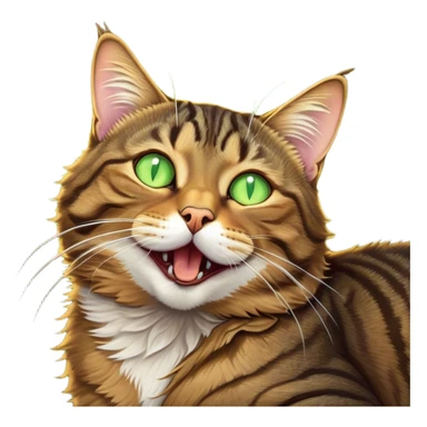 Cinematic Cute Yawning Brown Tabby Cat Portrait Emoji, Head tilted slightly with a dramatic, wide-open yawn, soft brown fur with bold tabby markings, long whiskers stretching forward, golden-green eyes barely open in drowsy contentment, Simplified yet irresistibly adorable features, highly detailed, glowing with a soft, cozy glow, high shine, relaxed yet expressive, stylized with a touch of whimsy, bright and endearing, soft glowing outline, capturing the essence of a sleepy yet affectionate kitty, so drowsy it feels like it could stretch right out of the screen and curl up for a nap! sticker