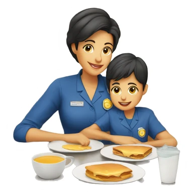mama e hijo desayunando con uniforme de preescolar sticker