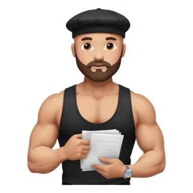 Buff bald bearded guy in black cap flexing, Instagram icon on chest, papers flying around, sparkles, minimal style sticker