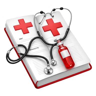 An icon featuring a red cross, a stethoscope, and a syringe, symbolizing medicine. The design includes a medical book, a heartbeat monitor, and a pill, representing the study and practice of healthcare, diagnostics, and treatment. Transparent background highlights the science of healing. sticker